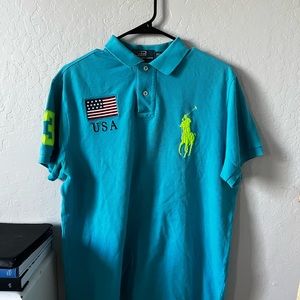 Light blue Ralph Lauren polo with patches on front and back
